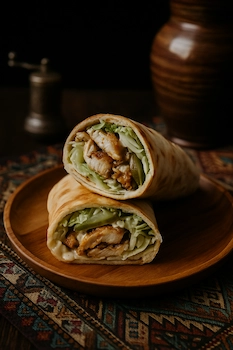 Chicken Shawarma Wrap Marinated chicken, garlic sauce, lettuce, and pickles.