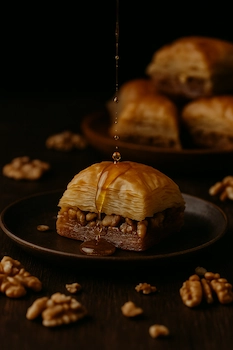 Golden layers of filo pastry with walnuts and honey