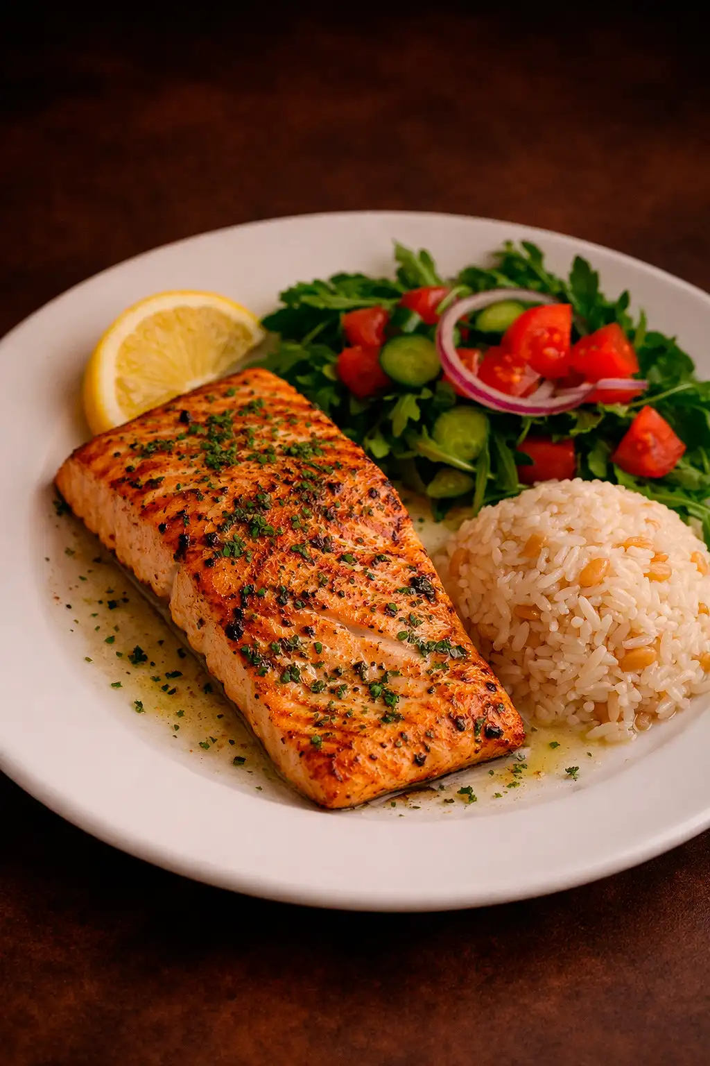 Fresh Atlantic salmon grilled with herbs; served with rice and salad.