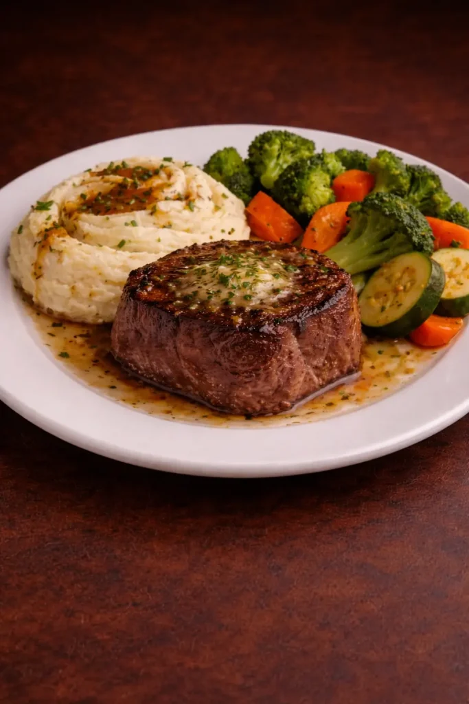 Filet Mignon (Lokum) Tender premium beef filet grilled to perfection; served with mashed potatoes and vegetables.