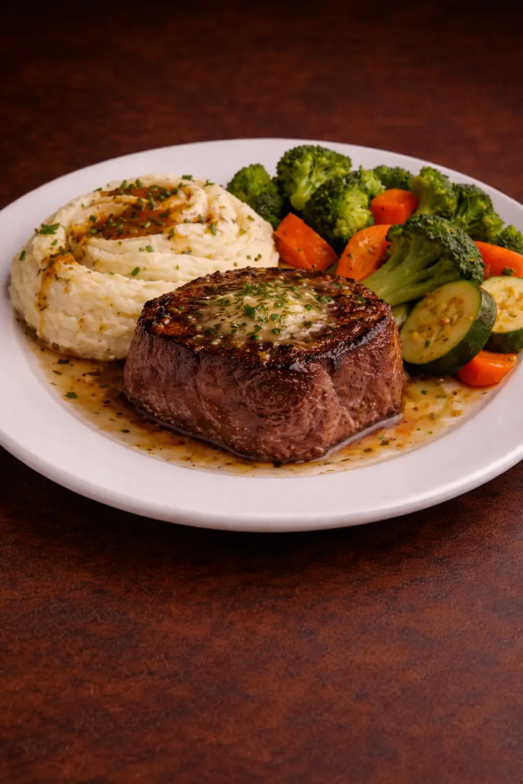 Filet Mignon (Lokum) Tender premium beef filet grilled to perfection; served with mashed potatoes and vegetables.