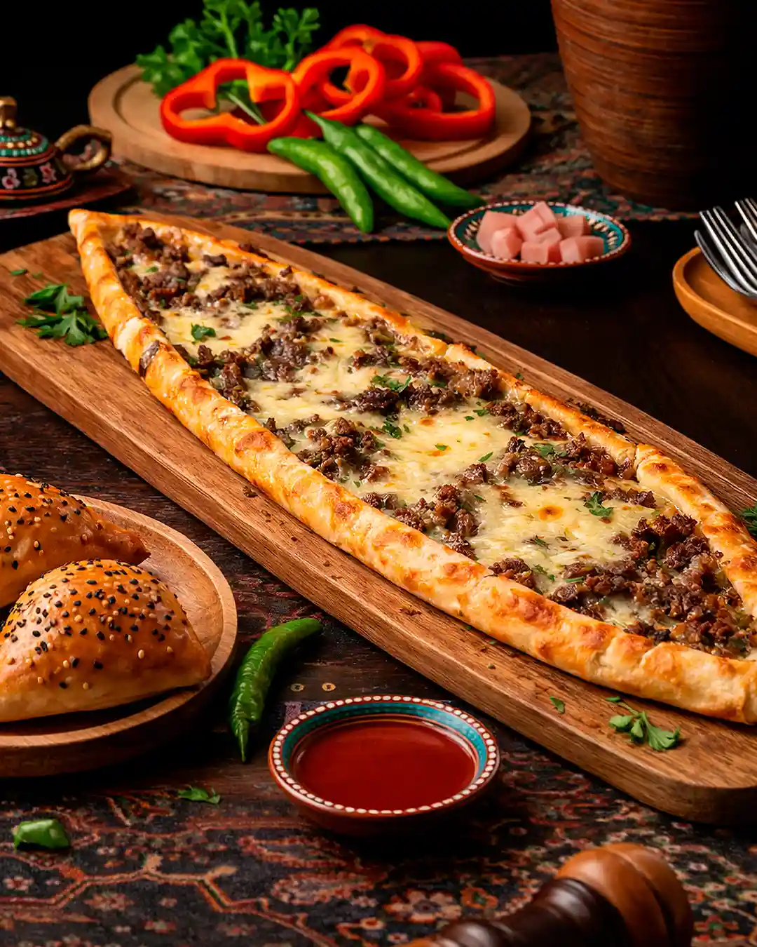 Chicken Gyro Pide Flatbread with sliced ​​chicken gyro and mozzarella.